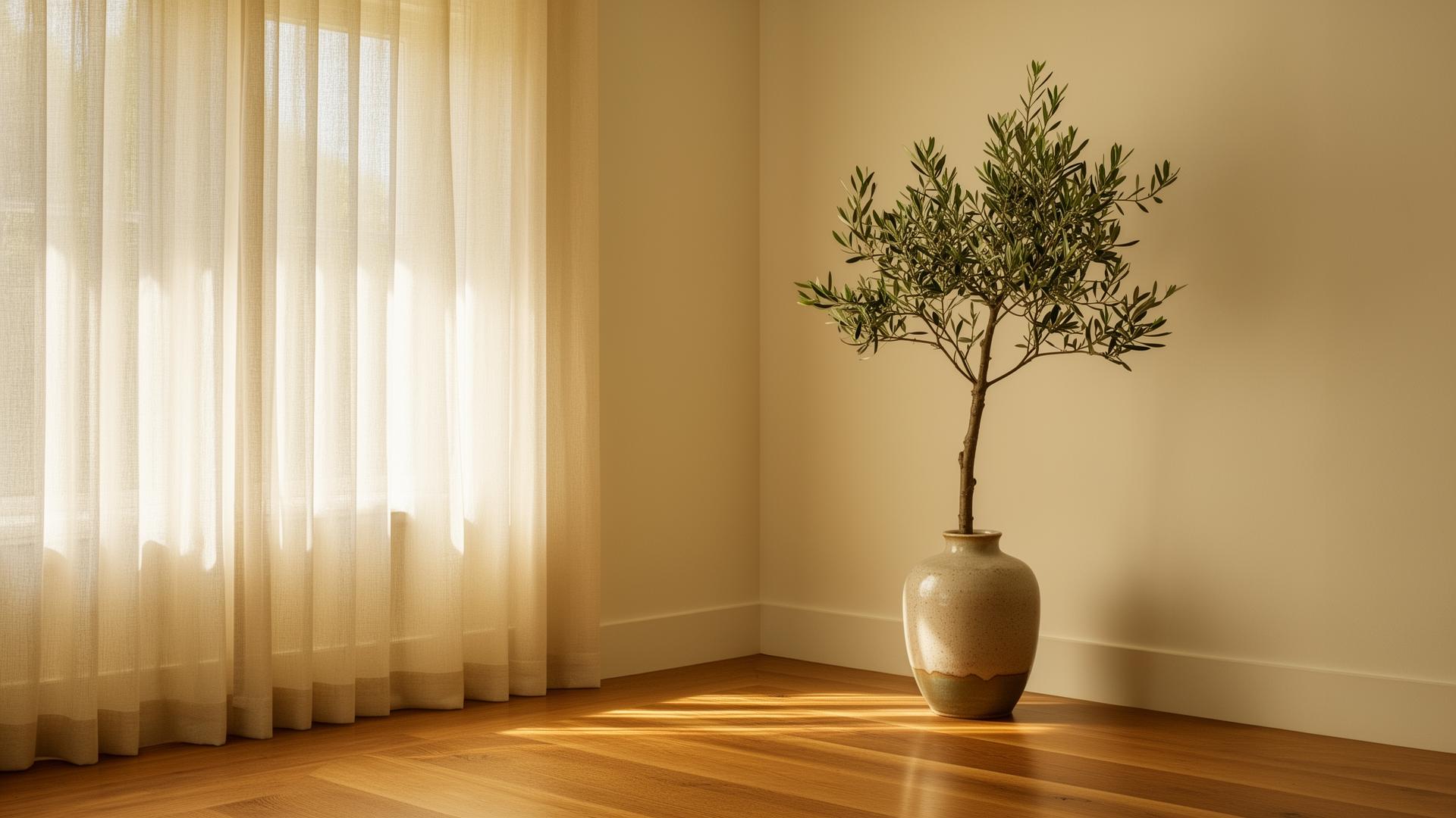 A sunlit room with sheer curtains and an olive tree