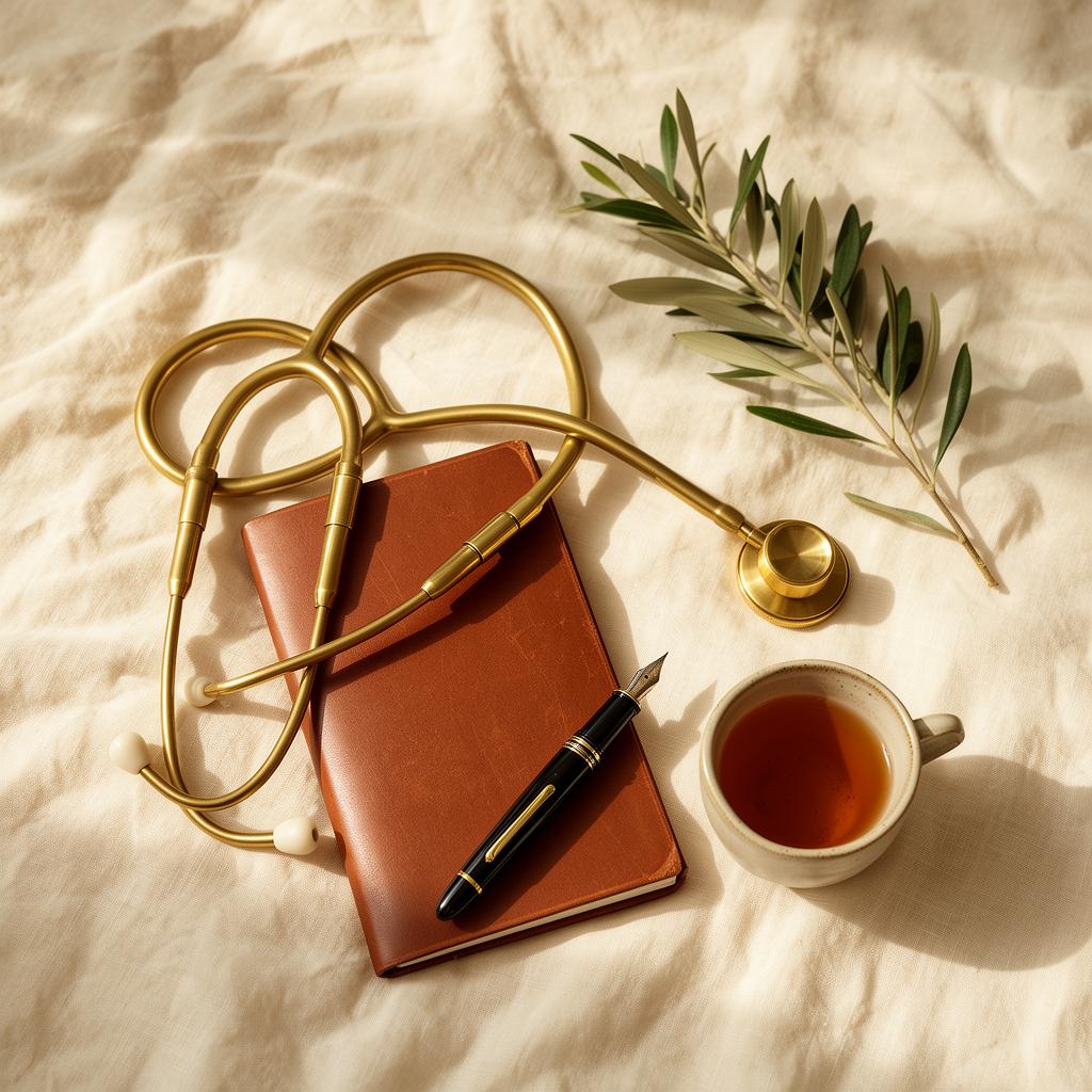 A brass stethoscope and notebook arranged on linen